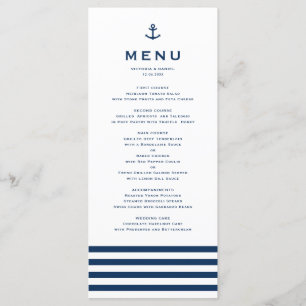 Menu Ancre marine moderne bleu et blanc Mariage nautiqu
