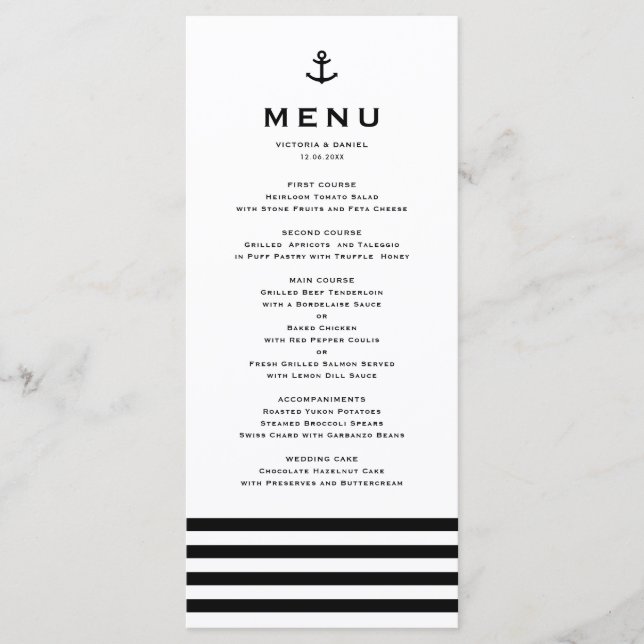 Menu Ancre moderne noir et blanc Mariage nautique (Devant)