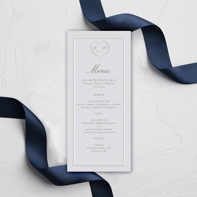 Menu Ancre nautique Cimier de corde côtière Mariage off (nautical wedding menu card classic formal traditional frame faux embossed anchor crest monograms)