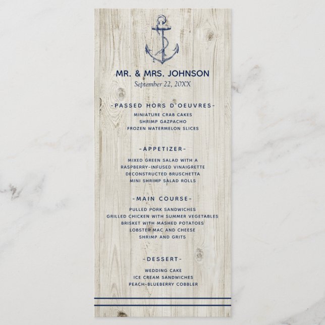 Menu Ancre nautique Mer Rustique Mariage de bois (Devant)