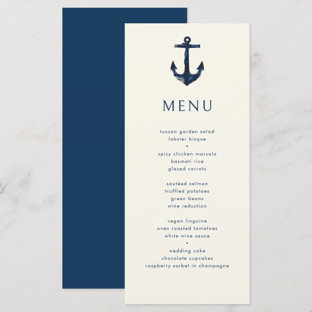 Menu Ancre nautique Moderne Simple Marine Mariage bleu (Devant / Derrière)