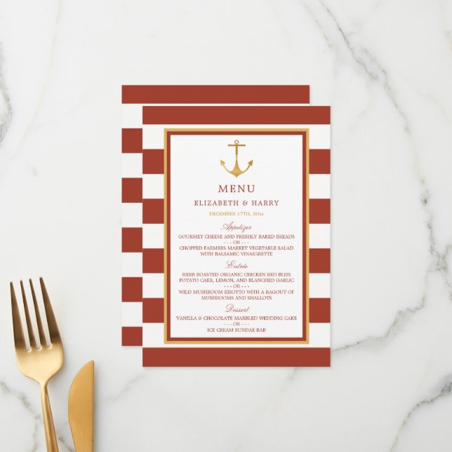 Menu Ancre or nautique, brique rouge et Mariage or (Devant/Arrière en situation)