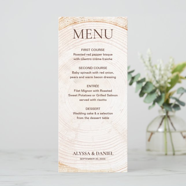 Menu Anneaux d'arbre de mariage rustique Bois écorce Gr (Debout devant)