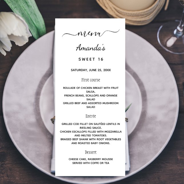 Menu Anniversaire blanc noir élégant (Créateur téléchargé)