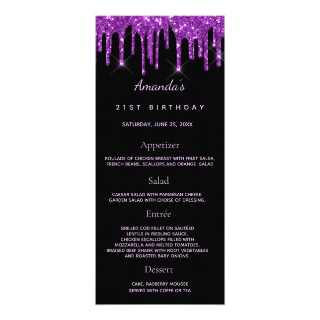 Menu Anniversaire noir violet photo parties scinti (Devant)