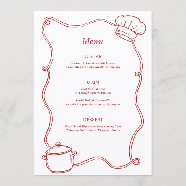Menu Anniversaire Rouge Chef Cuisine Dessinée Moderne (Devant)