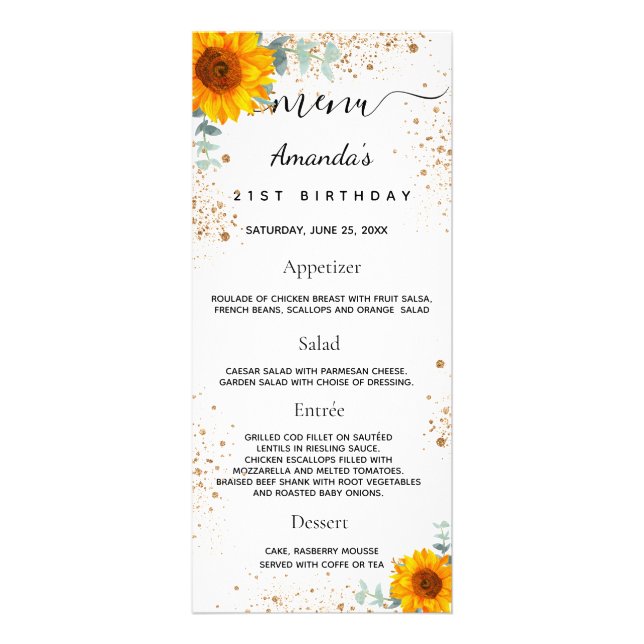 Menu Anniversaire tournesol eucalyptus parties sci (Devant)