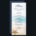 Menu Aquarelle Abstrait Beach Starfish Mariage<br><div class="desc">La carte des mariages à thème côtier comprend une plage abstraite aquarelle avec vagues tropicales turquoise de l'océan, sable doré et coquillage d'étoiles de mer. La police de script de style classique est en bleu marine nautique pour coordonner avec le côté inverse. Personnalisez avec vos noms, date mariage et options...</div>