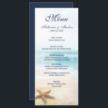 Menu Aquarelle Abstrait Beach Starfish Mariage<br><div class="desc">La carte des mariages à thème côtier comprend une plage abstraite aquarelle avec vagues tropicales turquoise de l'océan, sable doré et coquillage d'étoiles de mer. La police de script de style classique est en bleu marine nautique pour coordonner avec le côté inverse. Personnalisez avec vos noms, date mariage et options...</div>
