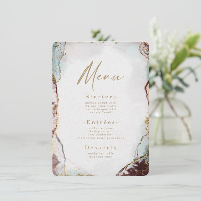 Menu Aquarelle Abstraite moderne Mariage rouge et or (Debout devant)