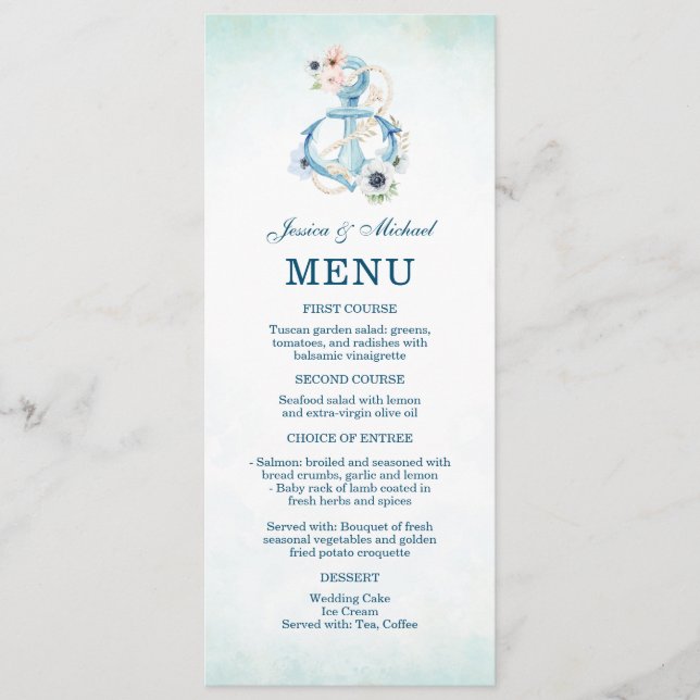 Menu Aquarelle Ancre Florale Turquoise Plage Mariage (Devant)