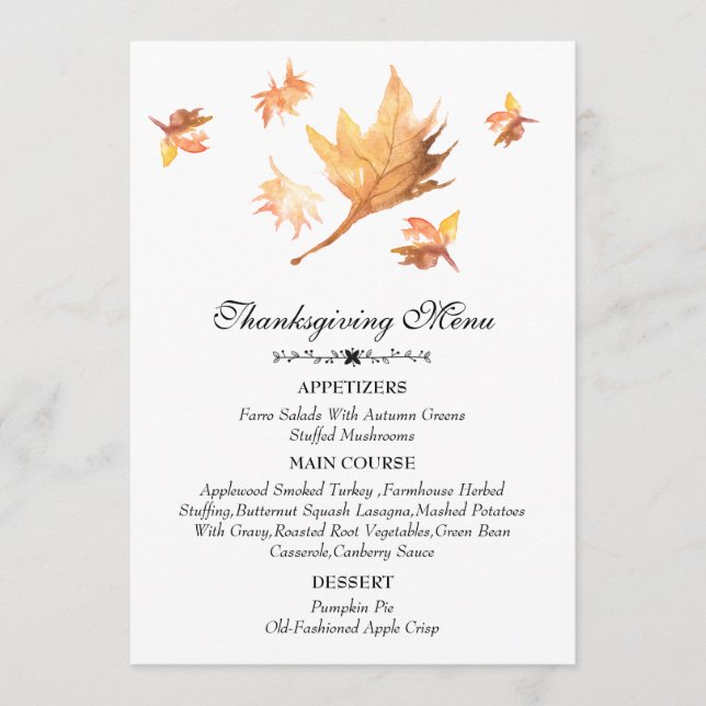 Menu Aquarelle Automne Maple Feuilles Thankgiving (Devant)