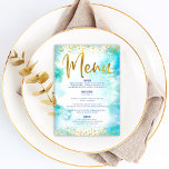 Menu Aquarelle bat mitzvah Parties scintillant or Turqu<br><div class="desc">Soyez fier, réjouissez-vous et présentez ce jalon de votre Bat mitzvah préféré avec une célébration dont vous êtes fier ! Attrapez vos invités avec ce magnifique menu de repas de fête, moderne, avec des faux feuillages or brillant et des points de parties scintillant et script de typographie contre un arrière...</div>
