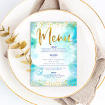Menu Aquarelle bat mitzvah Parties scintillant or Turqu<br><div class="desc">Soyez fier, réjouissez-vous et présentez ce jalon de votre Bat mitzvah préféré avec une célébration dont vous êtes fier ! Attrapez vos invités avec ce magnifique menu de repas de fête, moderne, avec des faux feuillages or brillant et des points de parties scintillant et script de typographie contre un arrière...</div>