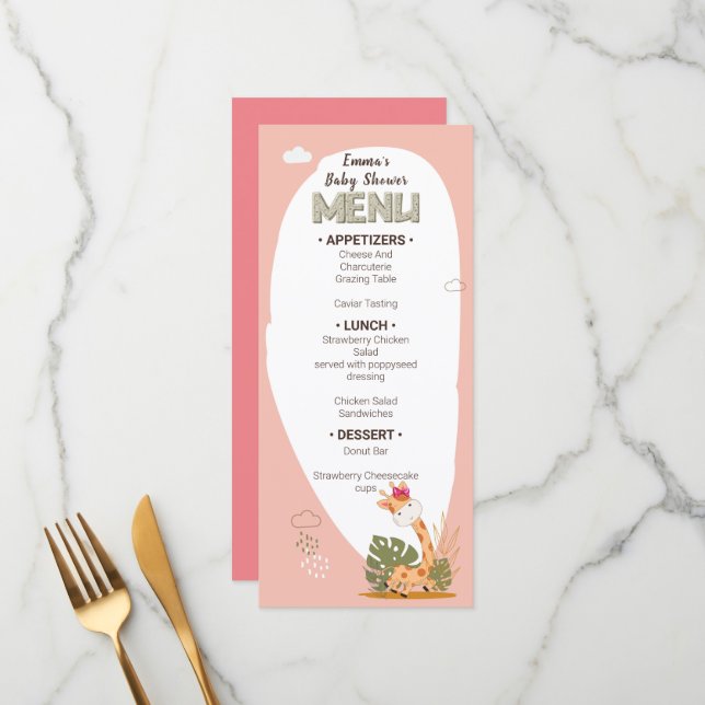 Menu Aquarelle bébé Giraffe, Baby shower (Devant/Arrière en situation)