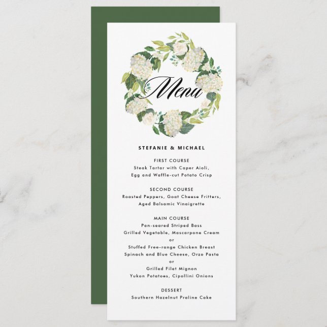 Menu Aquarelle Blanc Hydrangea Fleurs Mariage de couron (Devant / Derrière)