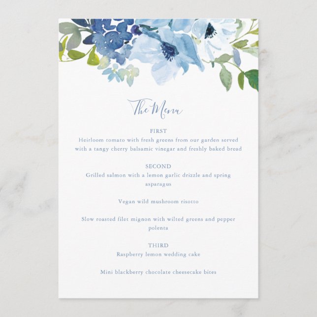 Menu Aquarelle Bleu Clair Chic Script Floral Custom (Devant)