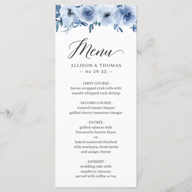 Menu Aquarelle bleu Dusty Bohème Floral Mariage (Devant)