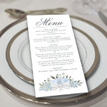 Menu Aquarelle bleu Dusty Floral Mariage élégant<br><div class="desc">Ce beau menu mariage présente un design boho chic rustique avec un titre de calligraphie script et un ensemble de roses aquarelles peints à la main, des fleurs et de la verdure dans les tons bleu poussiéreux et vert sauge. Le texte est entièrement personnalisable avec de l'espace pour le nom...</div>