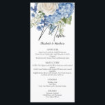 Menu Aquarelle bleu Hydrangea Roses blanches Mariage<br><div class="desc">Elégant design floral mariage avec des arrangements floraux aquarellés de fleurs d'hydrangée bleue,  de verdure et de roses blanches.</div>