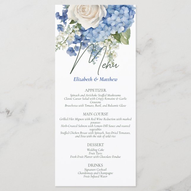 Menu Aquarelle bleu Hydrangea Roses blanches Mariage (Devant)
