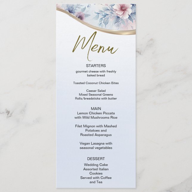 Menu Aquarelle bleu rose Mariage (Devant)