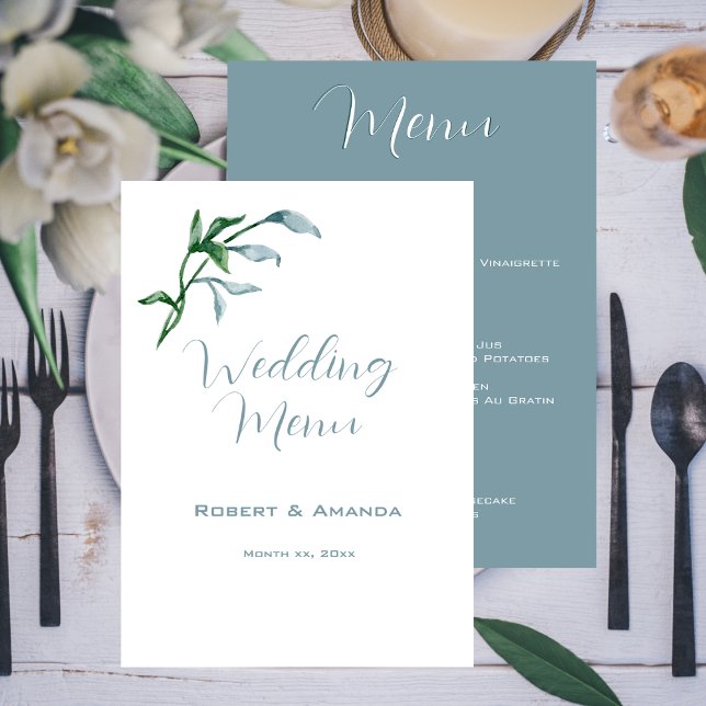Menu Aquarelle bleu vert Feuille Mariage (Watercolor Blue Green Leaves Wedding Menu)