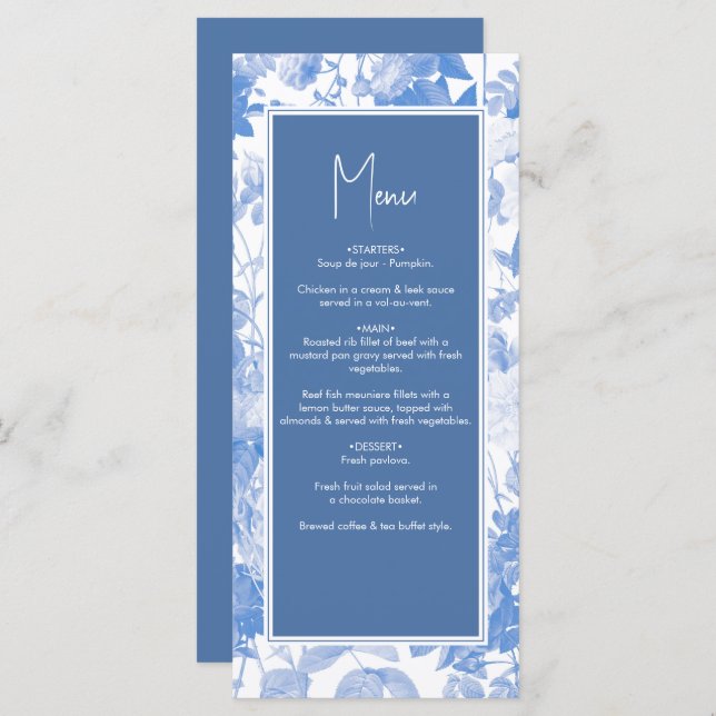Menu Aquarelle bleue Mariage de fleurs botaniques (Devant / Derrière)