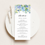Menu Aquarelle Blue Hydrangeas hiver Floral Mariage<br><div class="desc">Ajoutez un accent floral élégant à votre paysage de table d'évènement avec cette carte de menu floral personnalisable. Il dispose d'une guirlande florale aquarelle d'hydrangées bleues et violettes, de roses d'ivoire et de verdure. Personnalisez cette carte de menu floral aquarelle en ajoutant vos propres détails. Cette carte hydrangée est parfaite...</div>