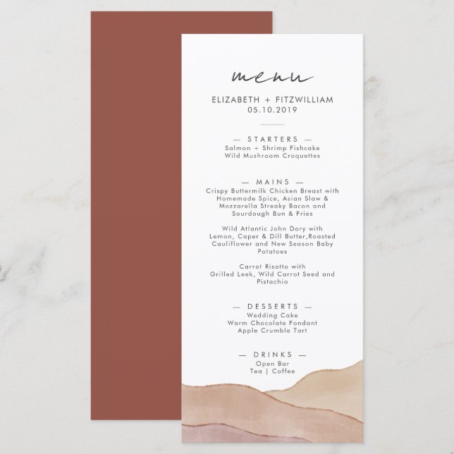 Menu Aquarelle Boho Abstraite | Dîner rouille (Devant / Derrière)