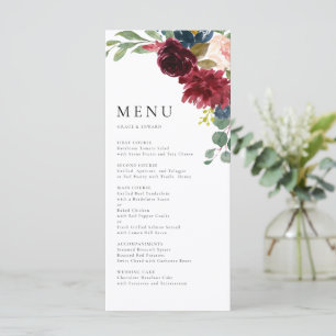 Menu Aquarelle botanique rouge de Bourgogne et bleu mar