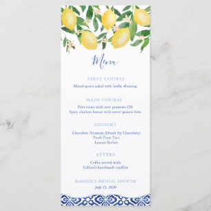 Menu Aquarelle Citrons Bleu Carreaux Blancs Baby shower