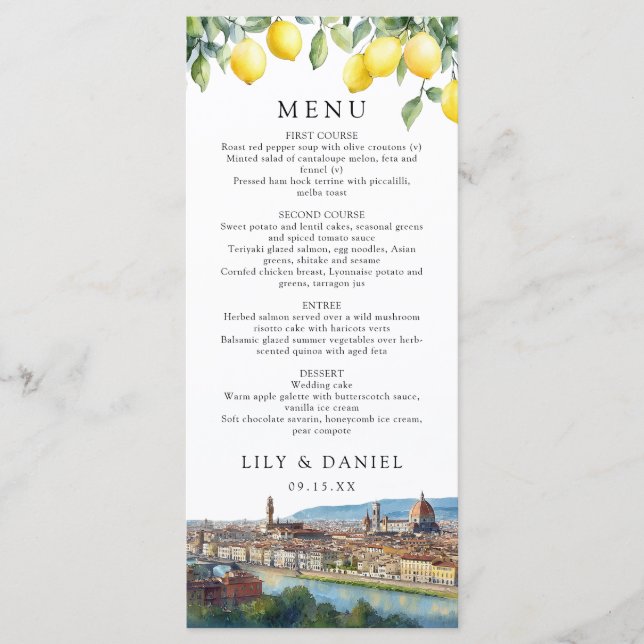 Menu Aquarelle Citrons Florence Italie Mariage (Devant)