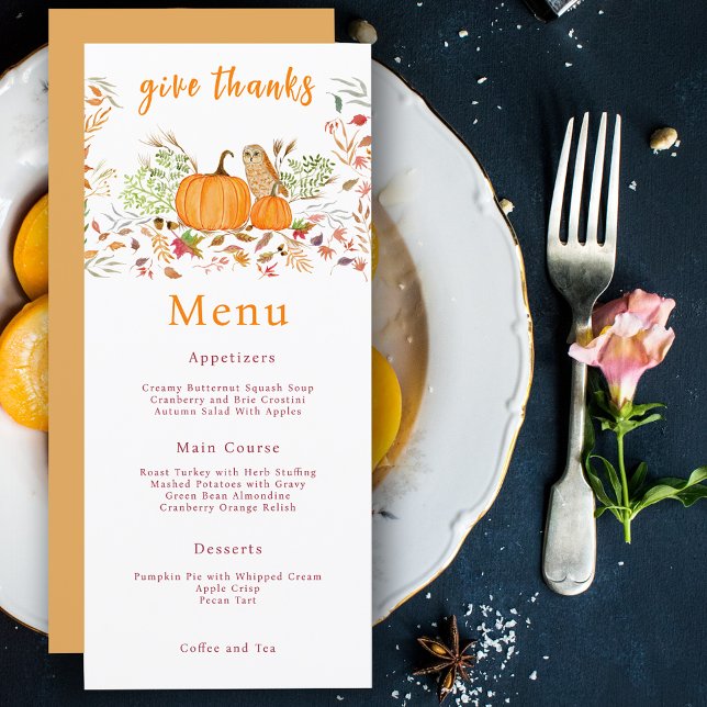 Menu Aquarelle Citrouille & Chouette En Automne (Créateur téléchargé)