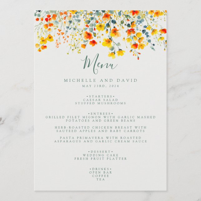 Menu Aquarelle colorée Mariage floral (Devant)