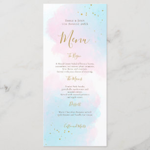 Menu Aquarelle couleur bleu rose blanc Mariage doré