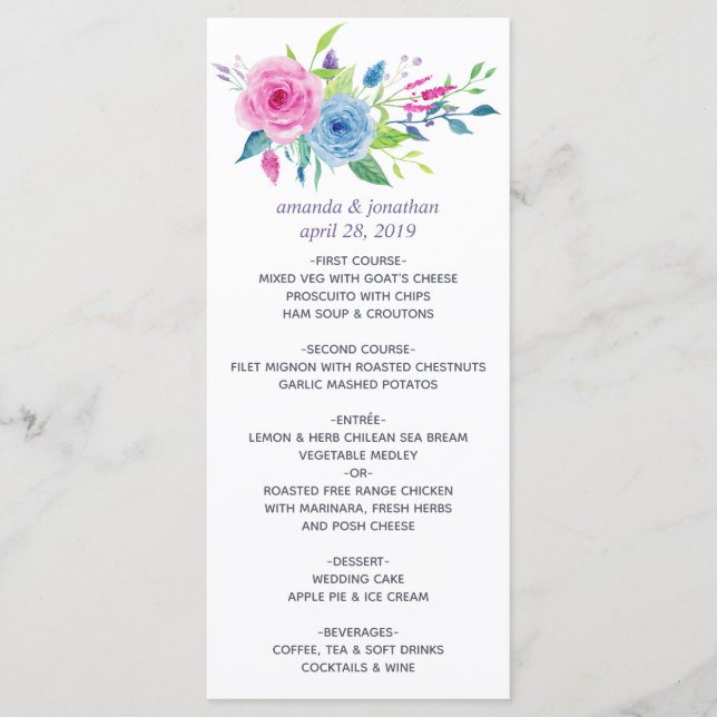 Menu Aquarelle couleur ultra violet Combo Mariage flora (Devant)