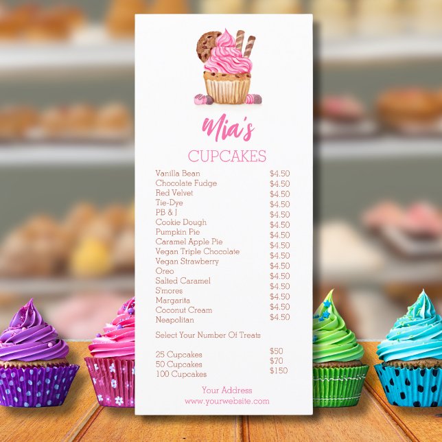 Menu Aquarelle Cupcake Rose Avec Prix Boulangerie Cooki (Créateur téléchargé)