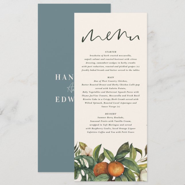 Menu Aquarelle d'agrumes orange mariage floral botaniqu (Devant / Derrière)