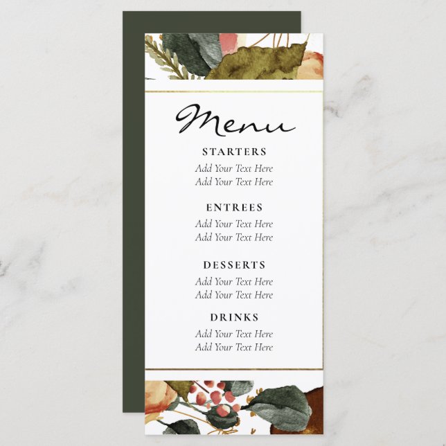Menu Aquarelle d'automne Floral Rustique Mariage vert f (Devant / Derrière)
