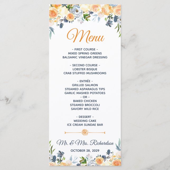 Menu Aquarelle de corail bleu marine Mariage floral (Devant)