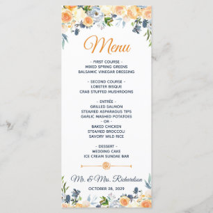 Menu Aquarelle de corail bleu marine Mariage floral