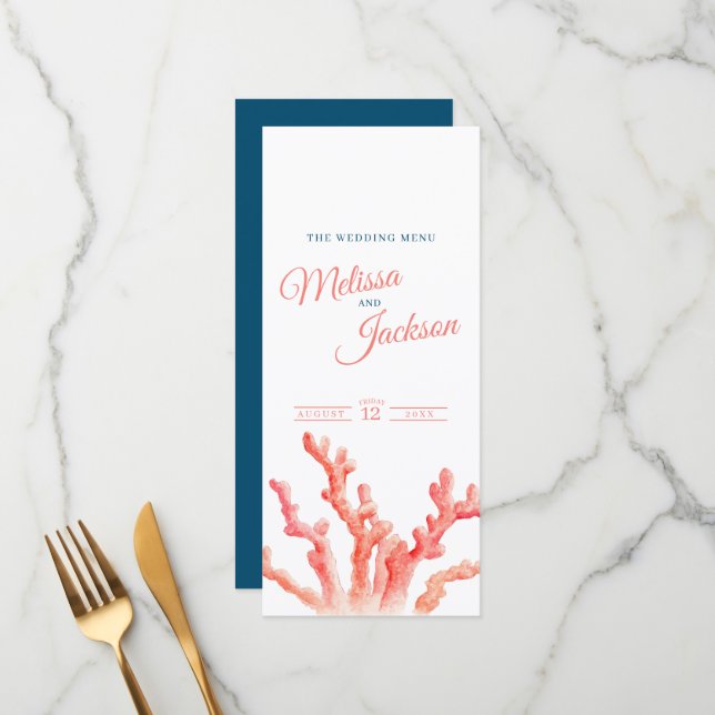 Menu Aquarelle de corail vivant mariage bleu orange men (Devant/Arrière en situation)