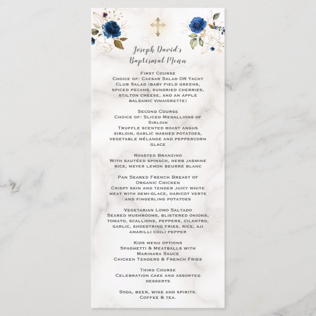 Menu Aquarelle de luxe Marine Bleu Or Floral Baptême Me (Devant)