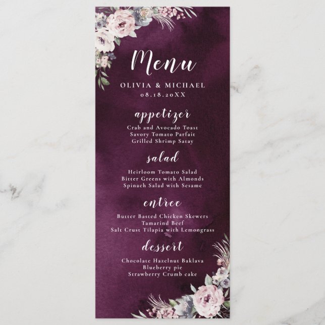 Menu Aquarelle de prune et mariage floral boho rose pou (Devant)