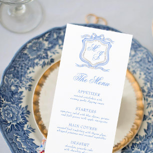Menu Aquarelle Designer Blue Monogram Crest Mariage