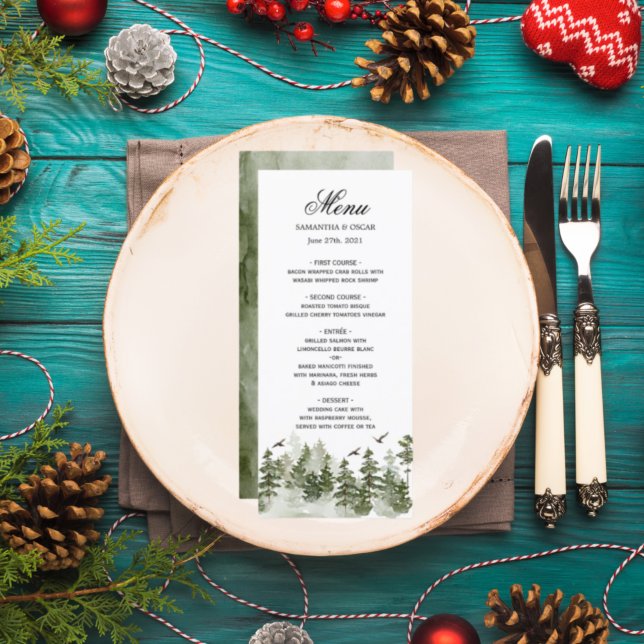 Menu Aquarelle d'hiver moderne Forêt verte avec neige (Créateur téléchargé)