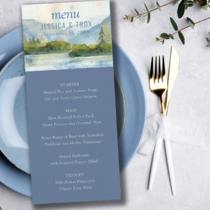 Menu Aquarelle du lac Mountain Mariage bleu Dusty