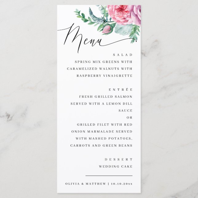 Menu Aquarelle élégant écriture florale boho mariage (Devant)