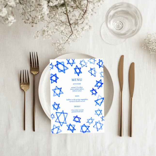 Menu Aquarelle Étoile de David Bar Mitzvah Bleue (Watercolor Blue Star of David Bar Bat Mitzvah Jewish Wedding Custom Menu
)